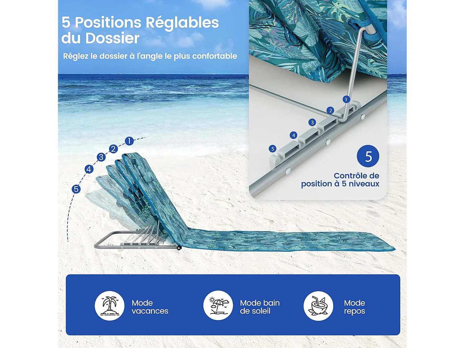 Ensemble de Tapis de Plage Pliables 2 pcs avec Table d’Appoint, Matelas de Plage avec Hauteur Réglable 27-47cm pour CamBoisg (Vert d'eau)