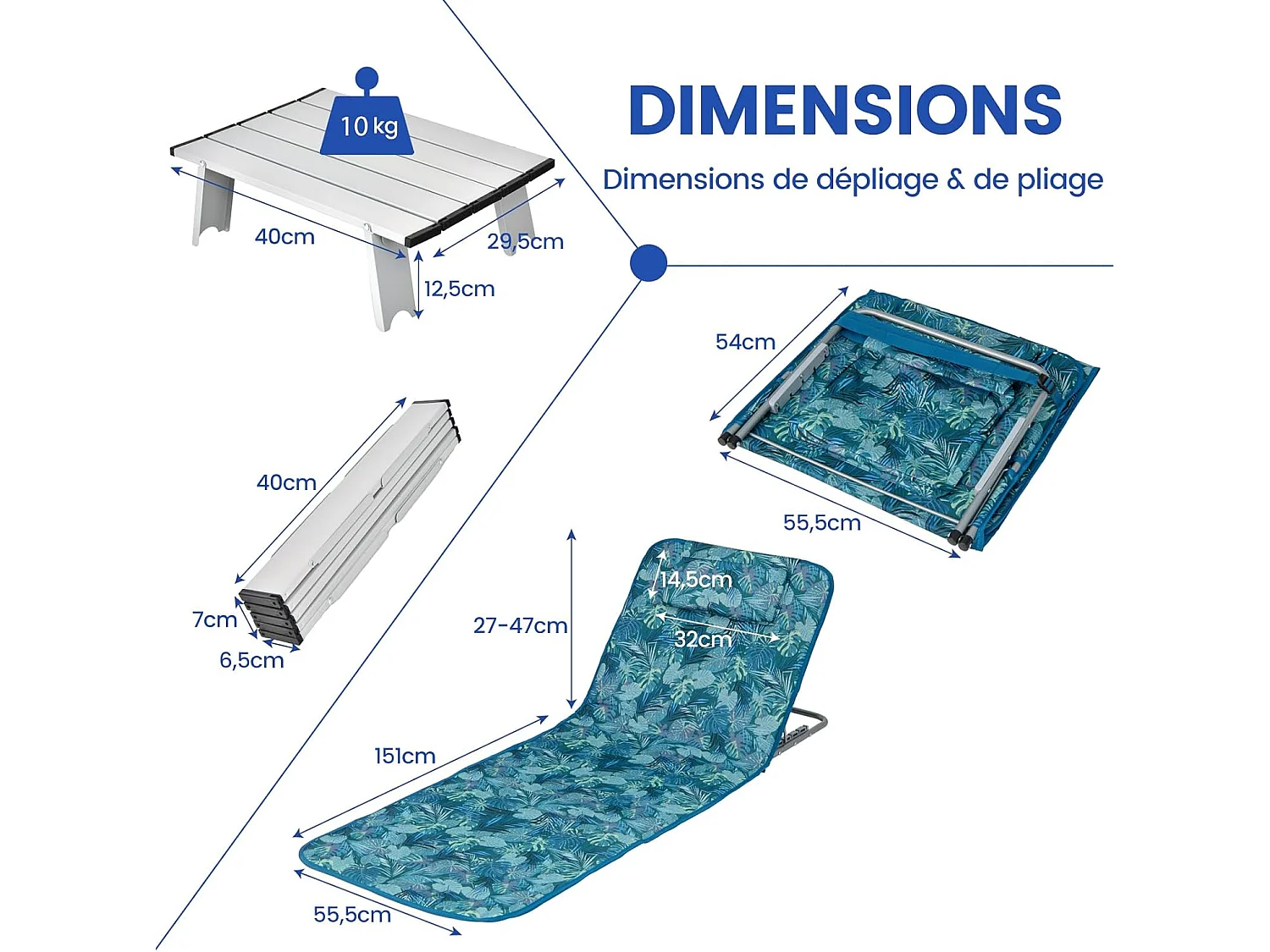 Ensemble de Tapis de Plage Pliables 2 pcs avec Table d’Appoint, Matelas de Plage avec Hauteur Réglable 27-47cm pour CamBoisg (Vert d'eau)