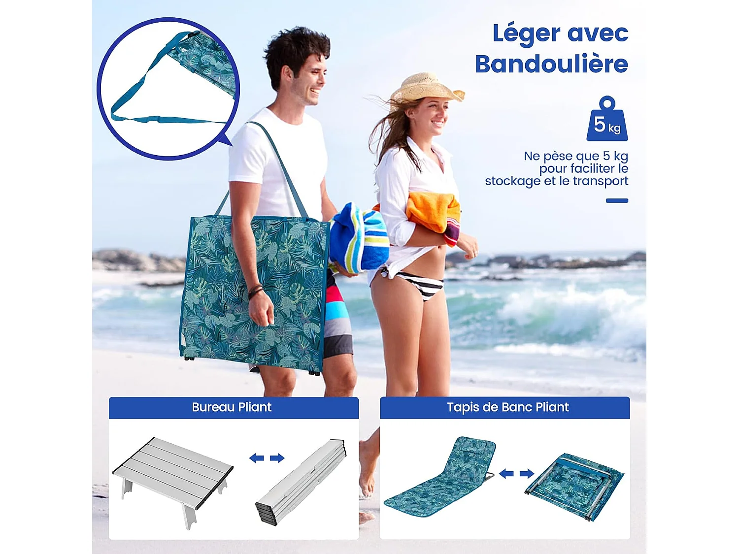 Ensemble de Tapis de Plage Pliables 2 pcs avec Table d’Appoint, Matelas de Plage avec Hauteur Réglable 27-47cm pour CamBoisg (Vert d'eau)