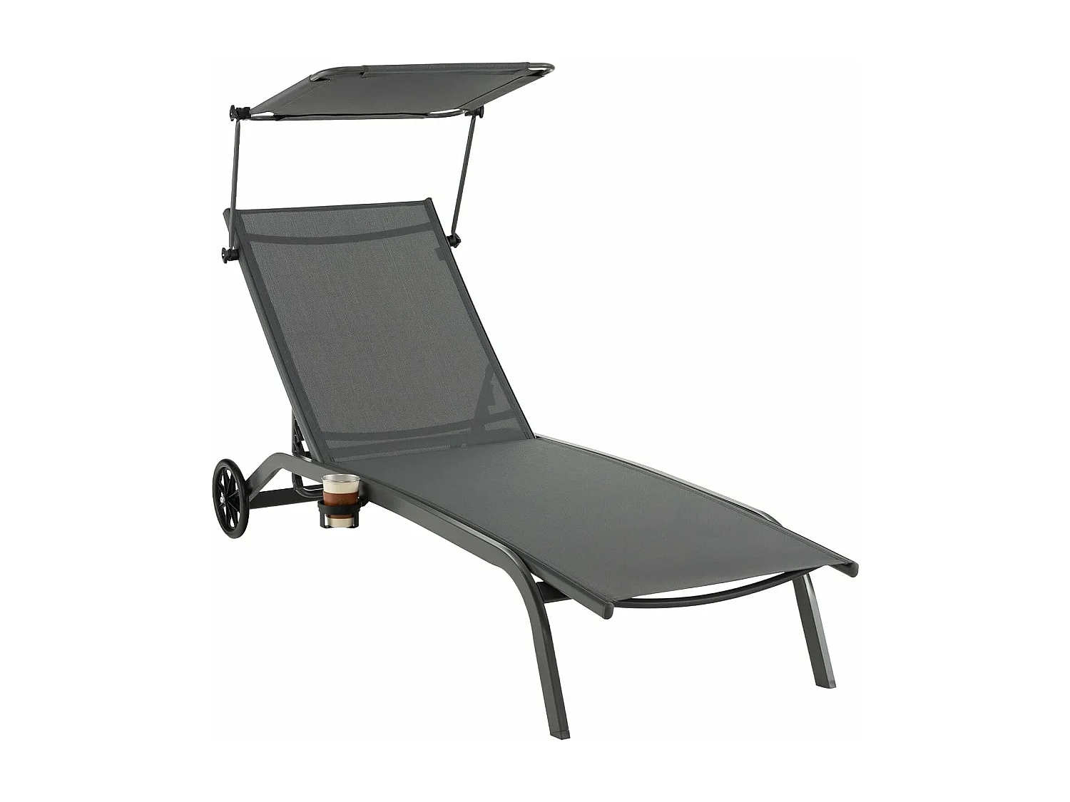 Bain de Soleil Inclinable à Dossier 6 Niveaux, Transat Jardin Exterieur avec Roues, Auvent Réglable, Porte-Gobelet, Charge 150 KG, pour Piscine Plage Balcon