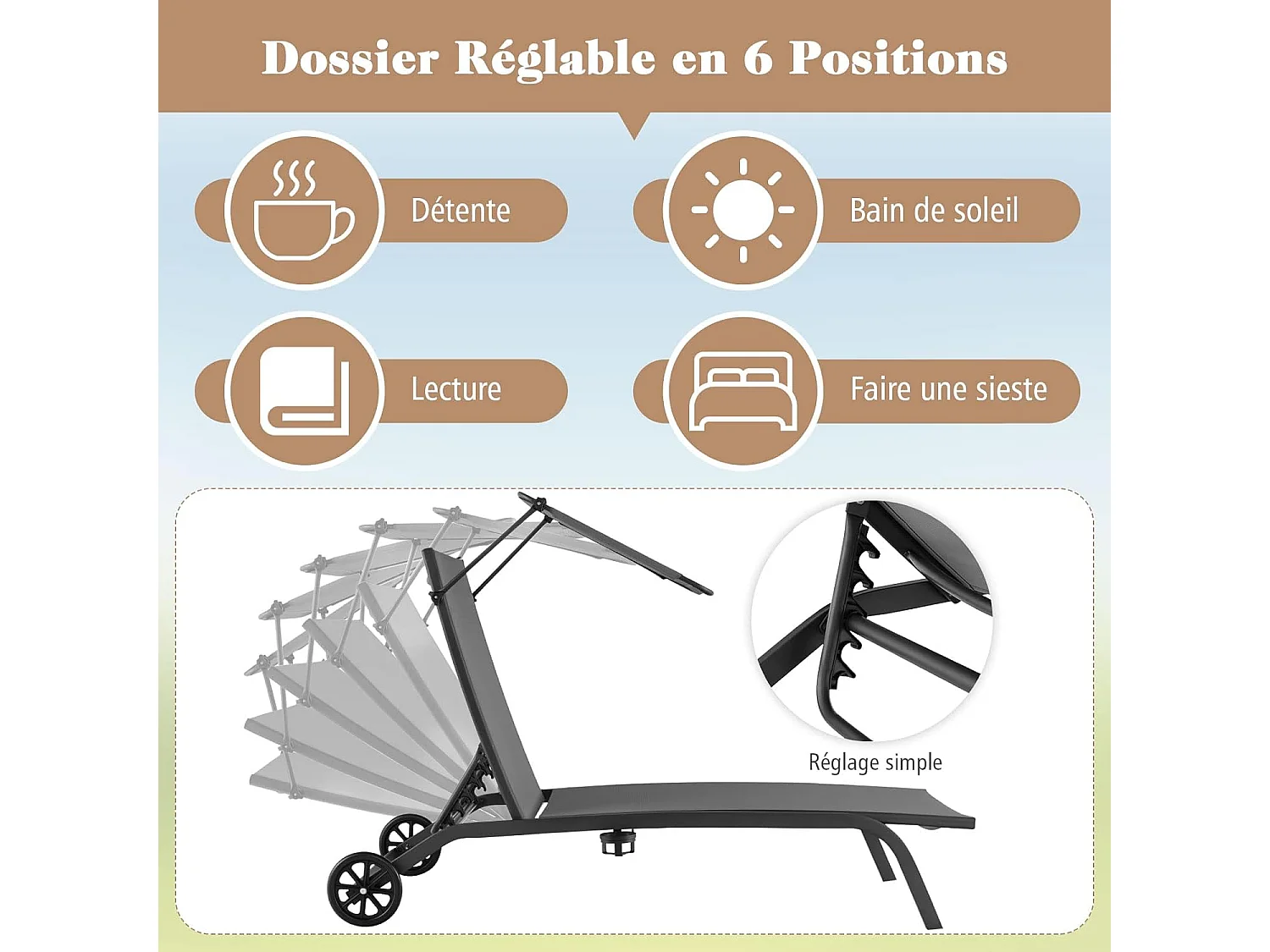 Bain de Soleil Inclinable à Dossier 6 Niveaux, Transat Jardin Exterieur avec Roues, Auvent Réglable, Porte-Gobelet, Charge 150 KG, pour Piscine Plage Balcon