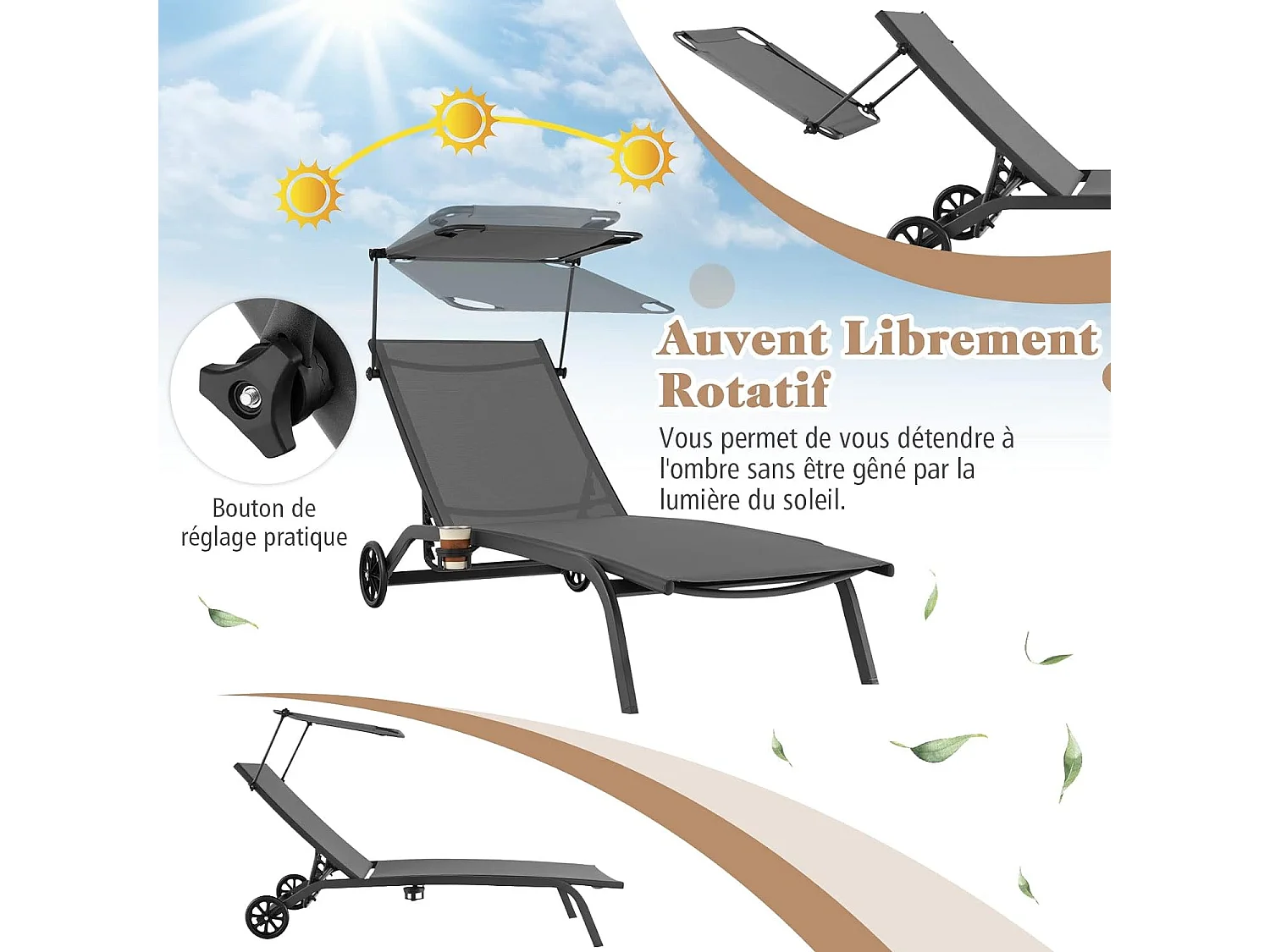 Bain de Soleil Inclinable à Dossier 6 Niveaux, Transat Jardin Exterieur avec Roues, Auvent Réglable, Porte-Gobelet, Charge 150 KG, pour Piscine Plage Balcon