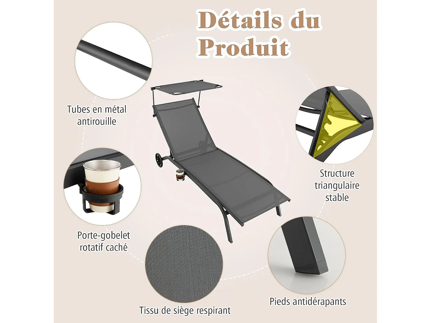 Bain de Soleil Inclinable à Dossier 6 Niveaux, Transat Jardin Exterieur avec Roues, Auvent Réglable, Porte-Gobelet, Charge 150 KG, pour Piscine Plage Balcon