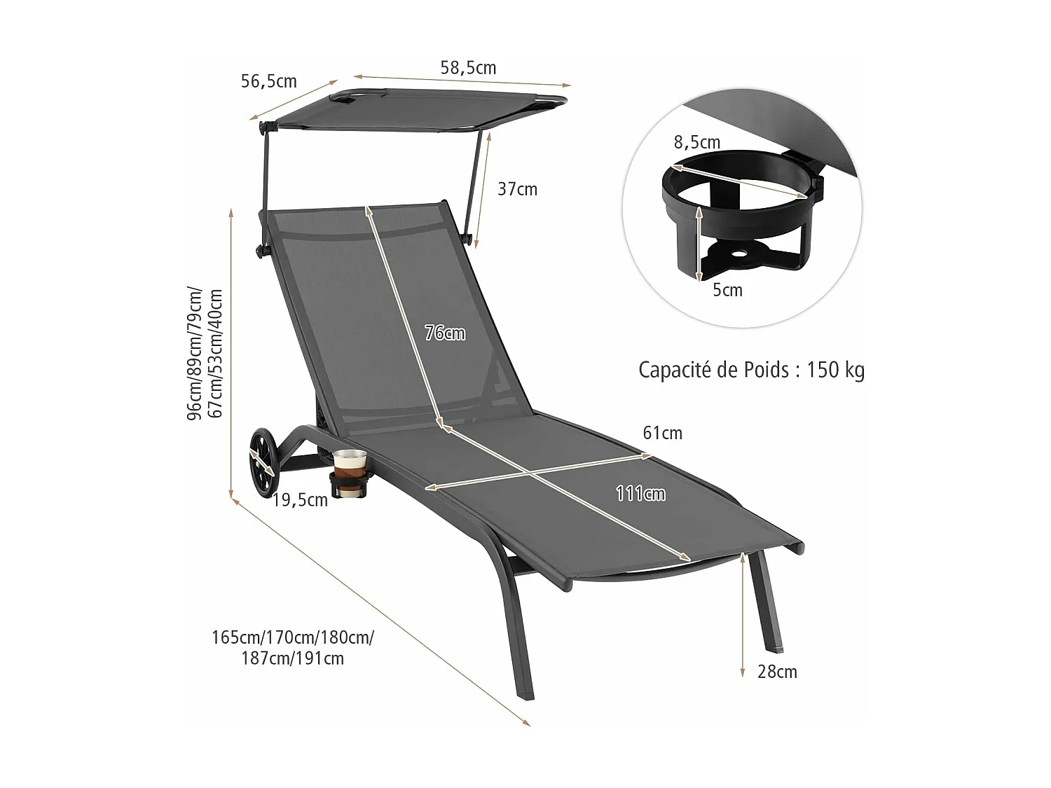 Bain de Soleil Inclinable à Dossier 6 Niveaux, Transat Jardin Exterieur avec Roues, Auvent Réglable, Porte-Gobelet, Charge 150 KG, pour Piscine Plage Balcon