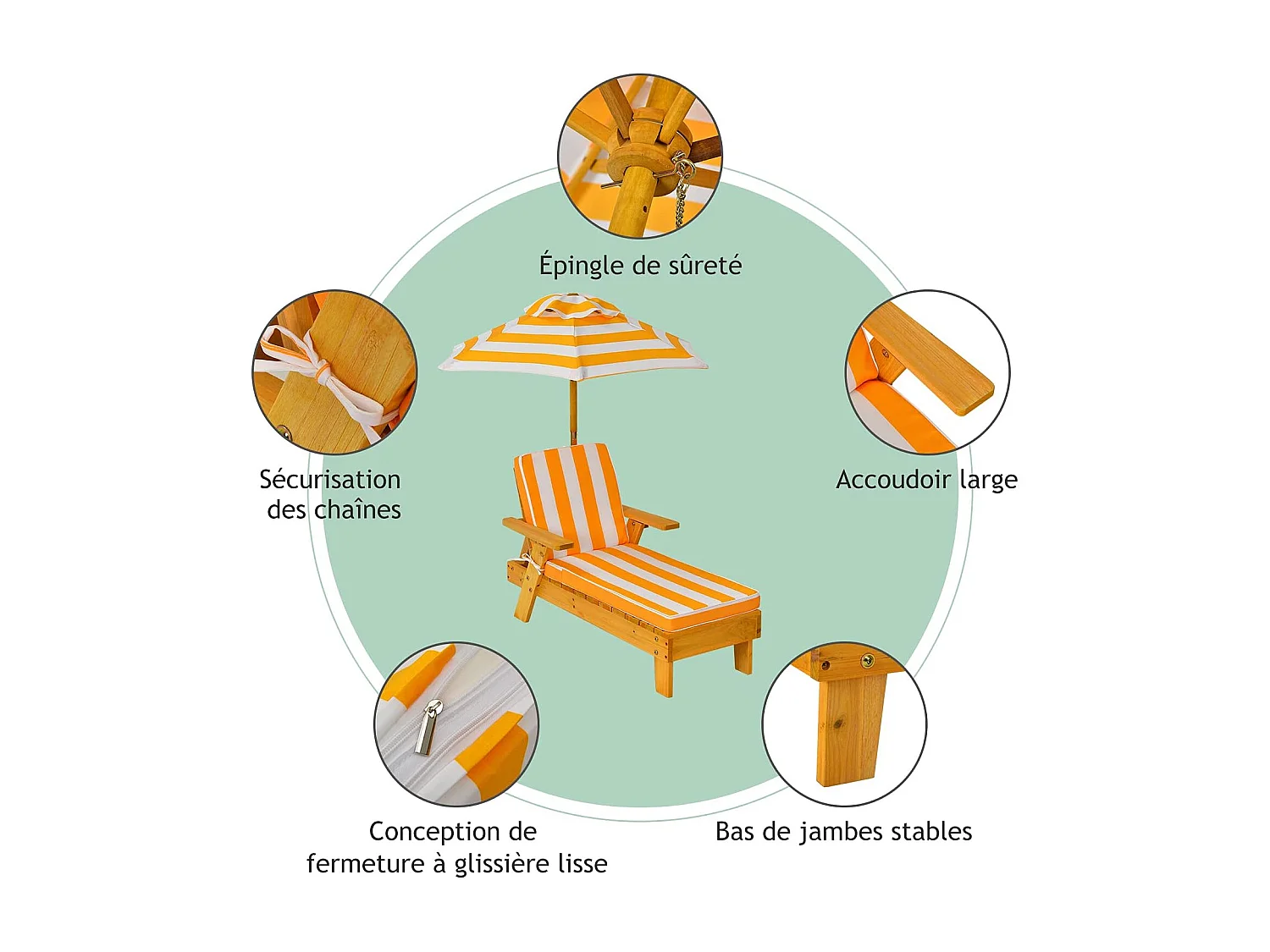 Chaise Longue pour Enfants 3-8 Ans en Bois avec Parasol Amovible Coussin Lavable Charge Max 50KG Rayures