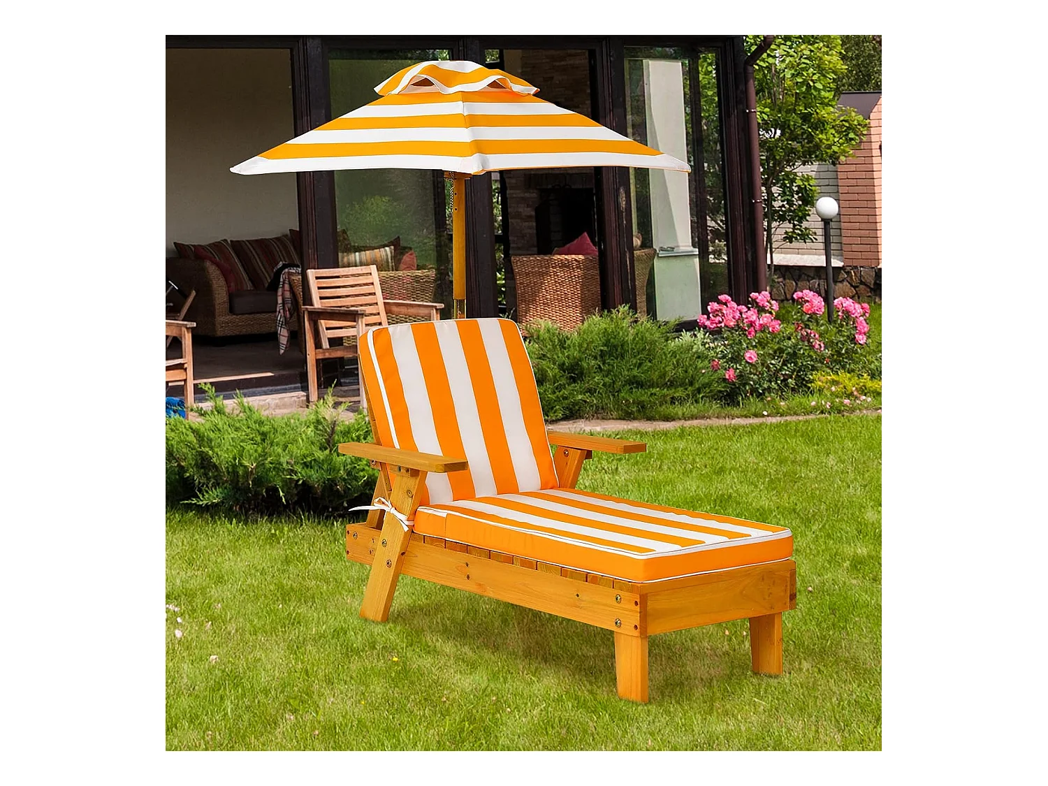 Chaise Longue pour Enfants 3-8 Ans en Bois avec Parasol Amovible Coussin Lavable Charge Max 50KG Rayures