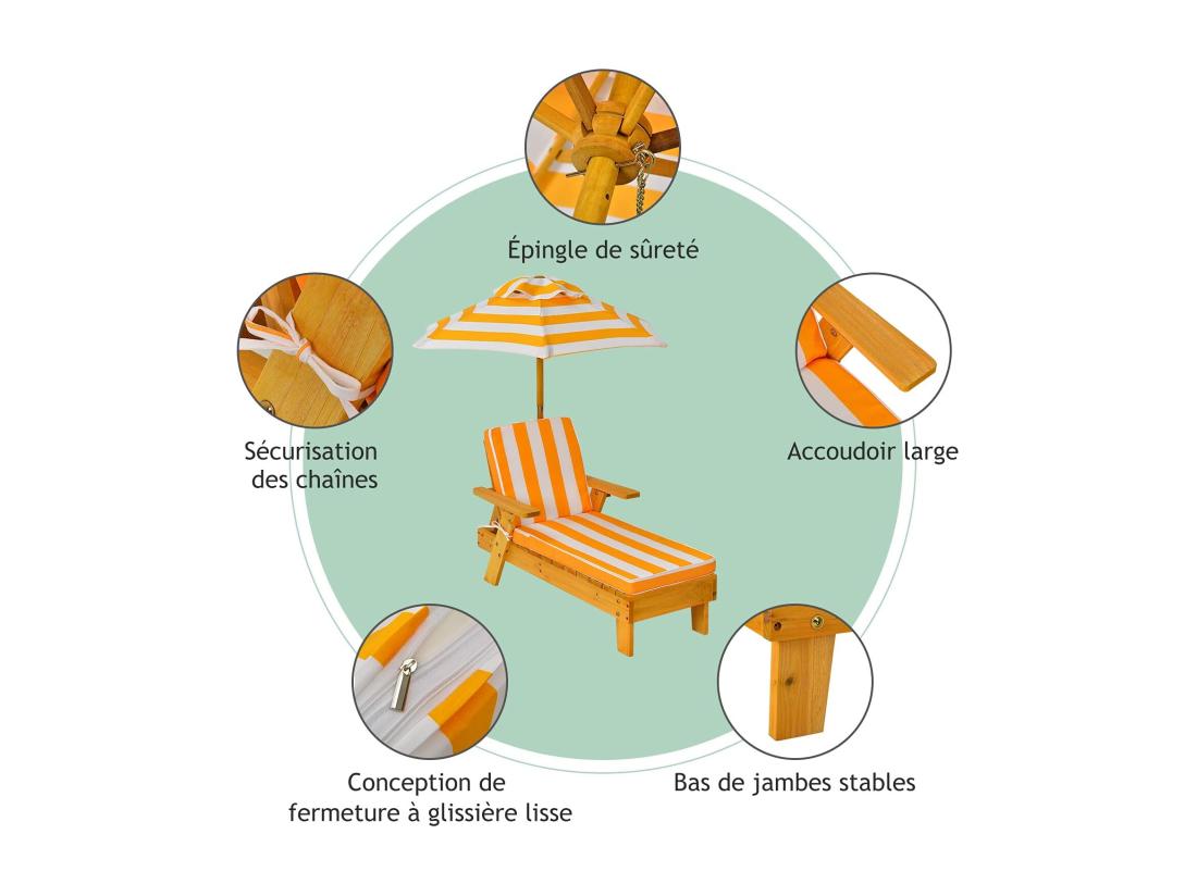 vente unique Chaise Longue pour Enfants 3-8 Ans en Bois avec Parasol Amovible Coussin Lavable Charge Max 50KG Rayures