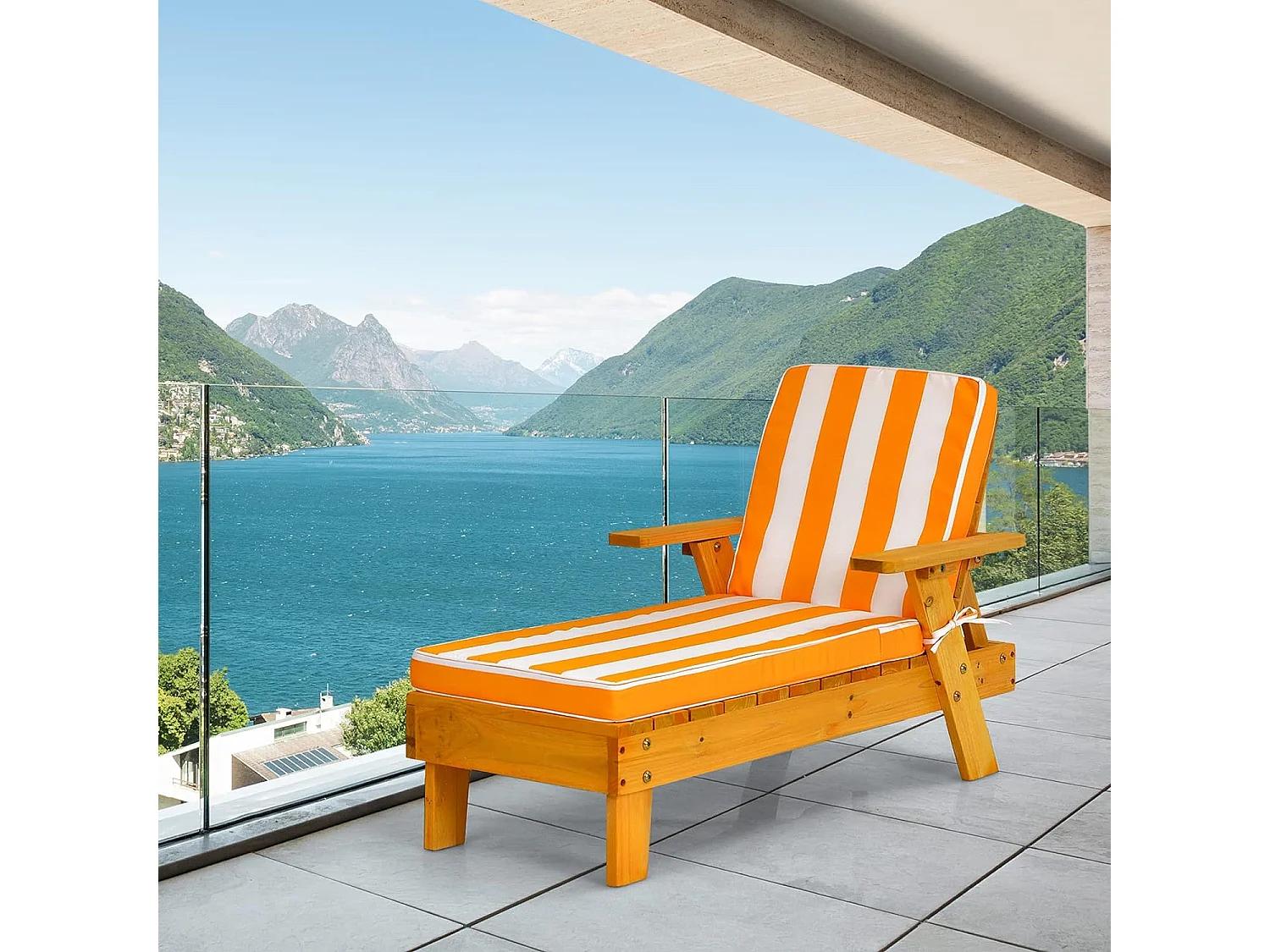 Chaise Longue pour Enfants 3-8 Ans en Bois avec Parasol Amovible Coussin Lavable Charge Max 50KG Rayures