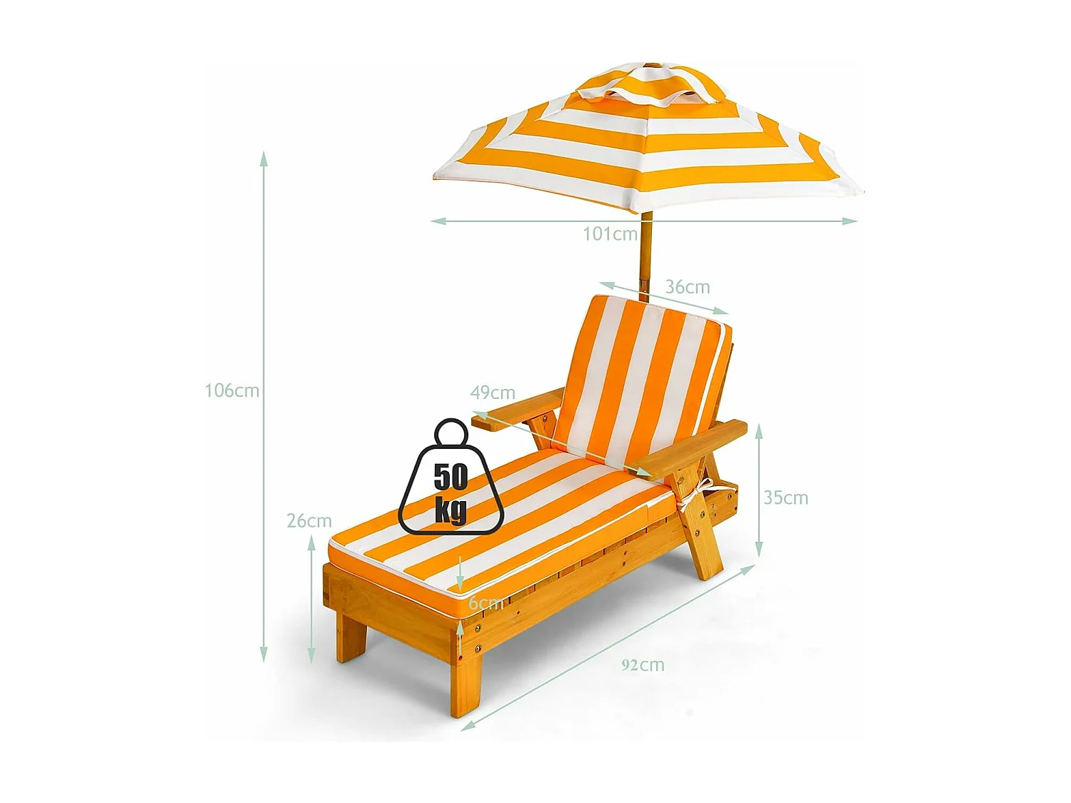 Chaise Longue pour Enfants 3-8 Ans en Bois avec Parasol Amovible Coussin Lavable Charge Max 50KG Rayures