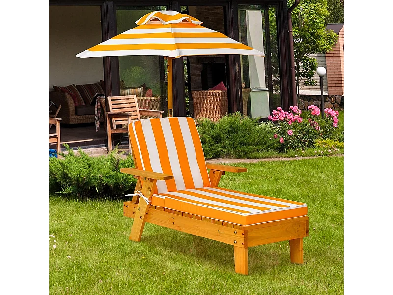 Chaise Longue pour Enfants 3-8 Ans en Bois avec Parasol Amovible Coussin Lavable Charge Max 50KG Rayures