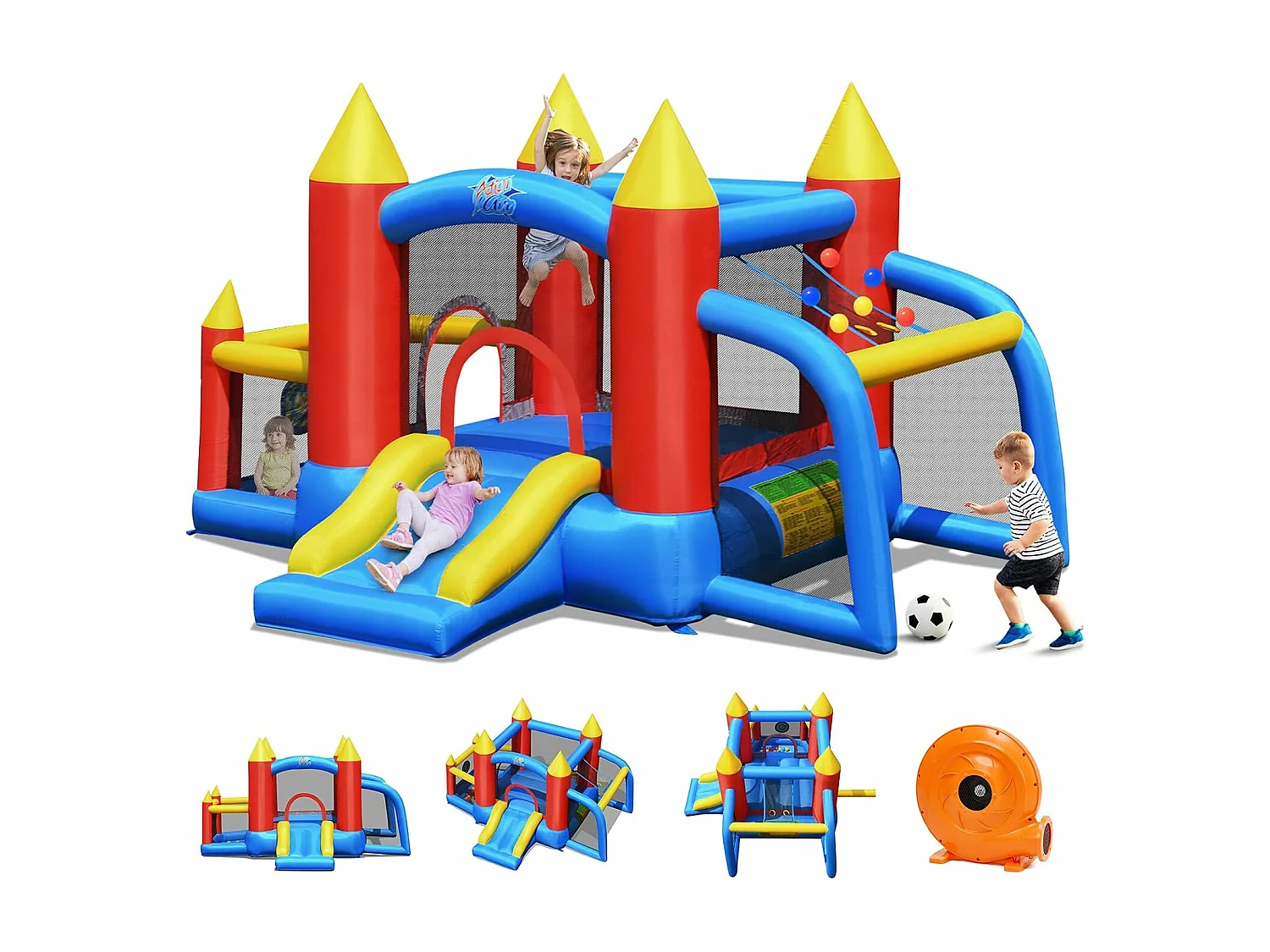 Château Gonflable pour Enfants avec Souffleur 450W Toboggan 60 Boules Colorées,Jeux de Fléchettes But de Football Sac