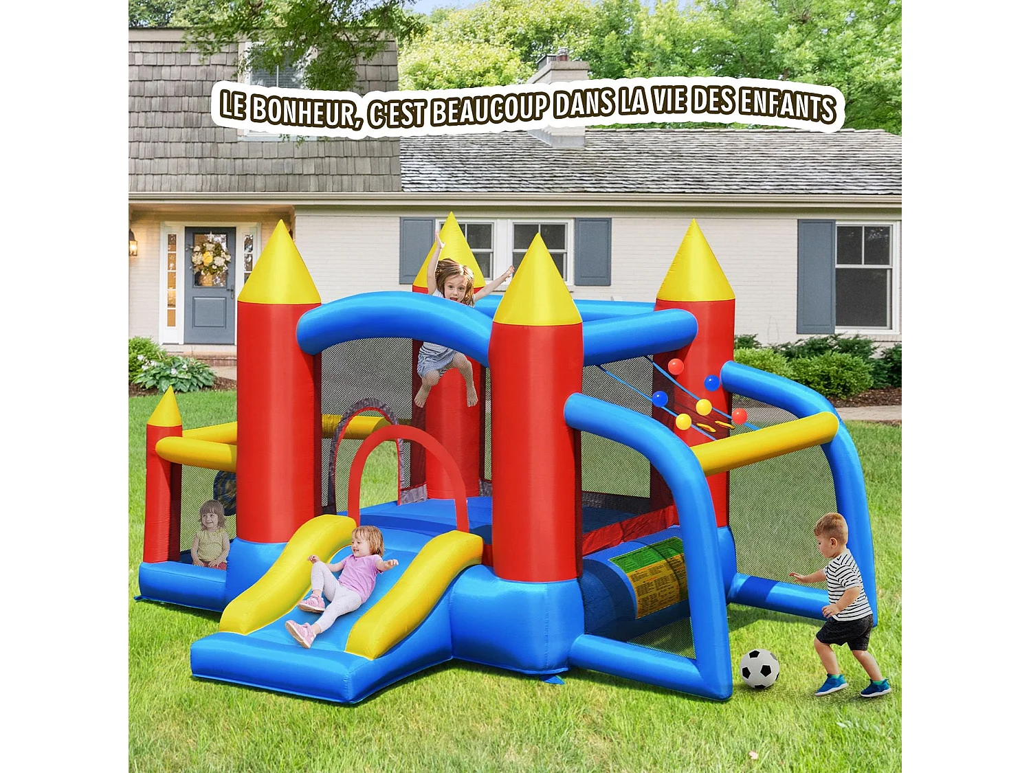 Château Gonflable pour Enfants avec Souffleur 450W Toboggan 60 Boules Colorées,Jeux de Fléchettes But de Football Sac