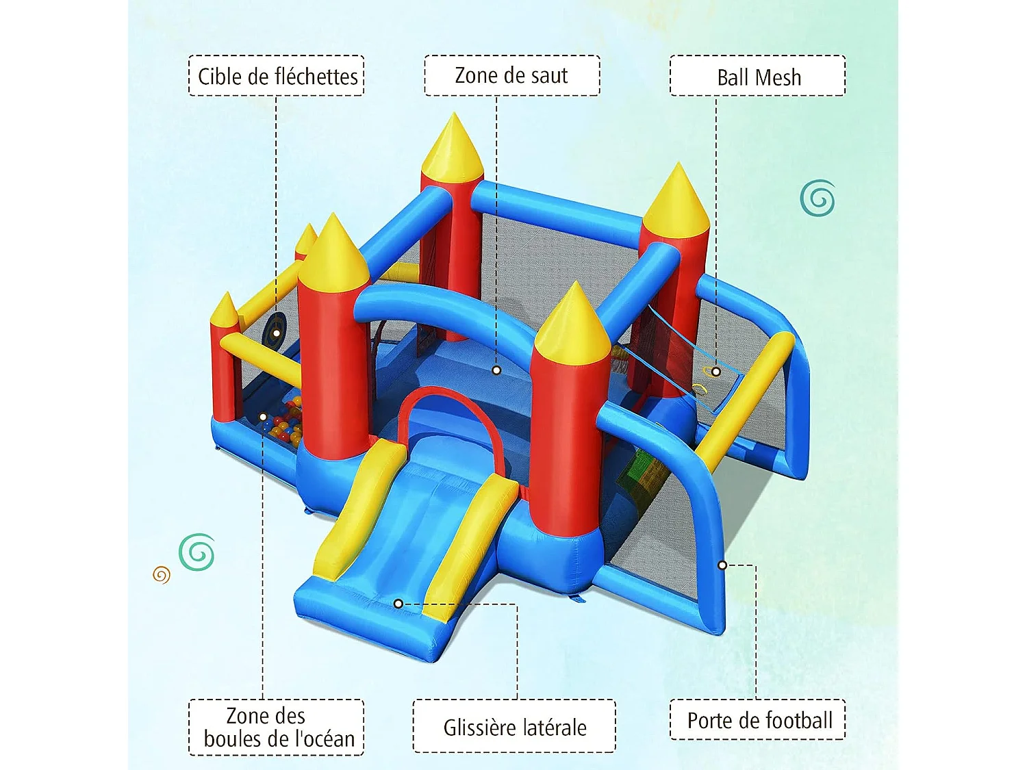Château Gonflable pour Enfants avec Souffleur 450W Toboggan 60 Boules Colorées,Jeux de Fléchettes But de Football Sac