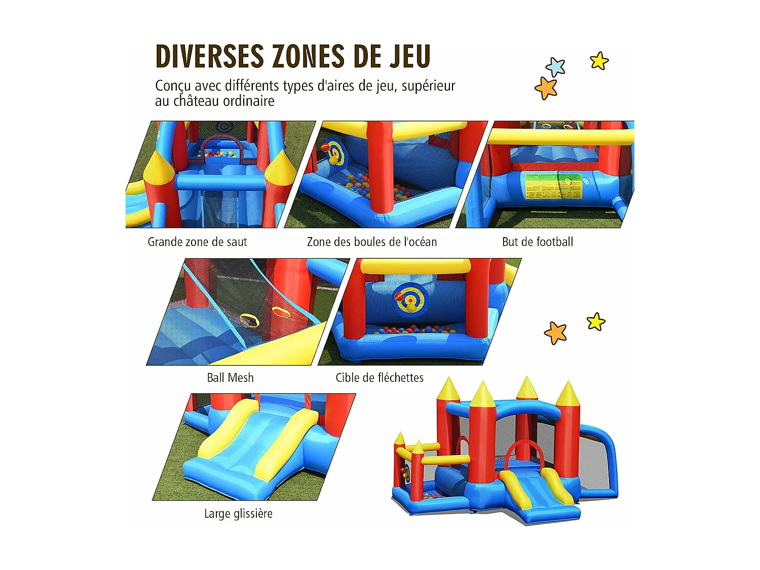 Château Gonflable pour Enfants avec Souffleur 450W Toboggan 60 Boules Colorées,Jeux de Fléchettes But de Football Sac