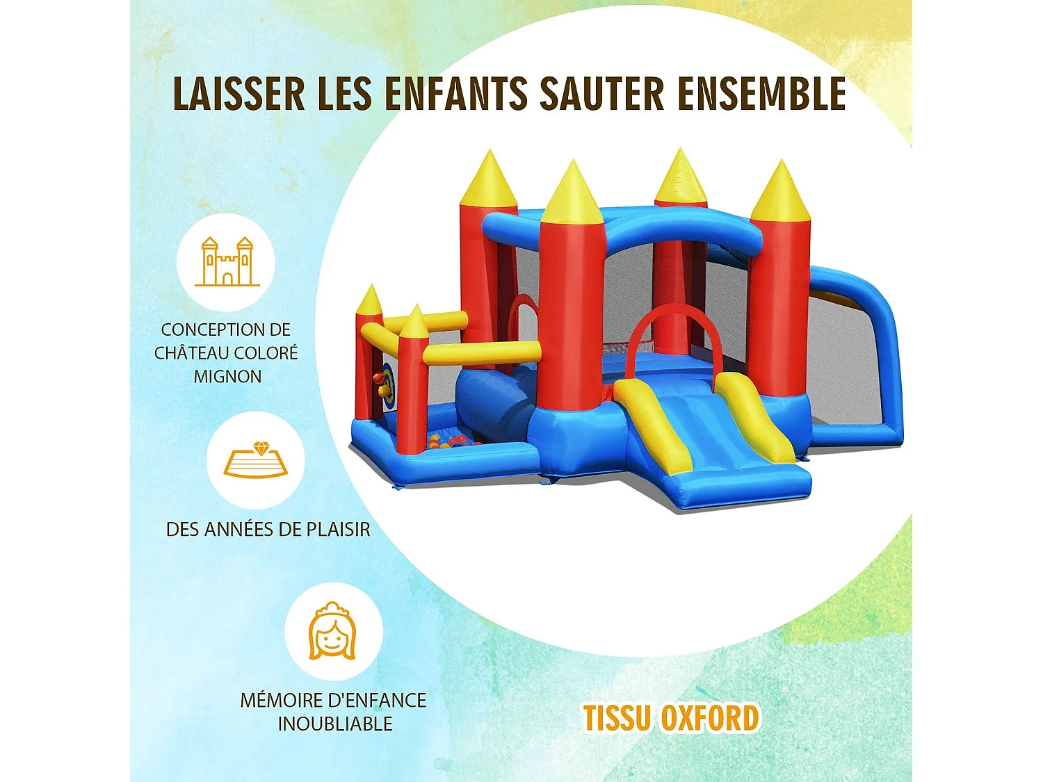 Château Gonflable pour Enfants avec Souffleur 450W Toboggan 60 Boules Colorées,Jeux de Fléchettes But de Football Sac