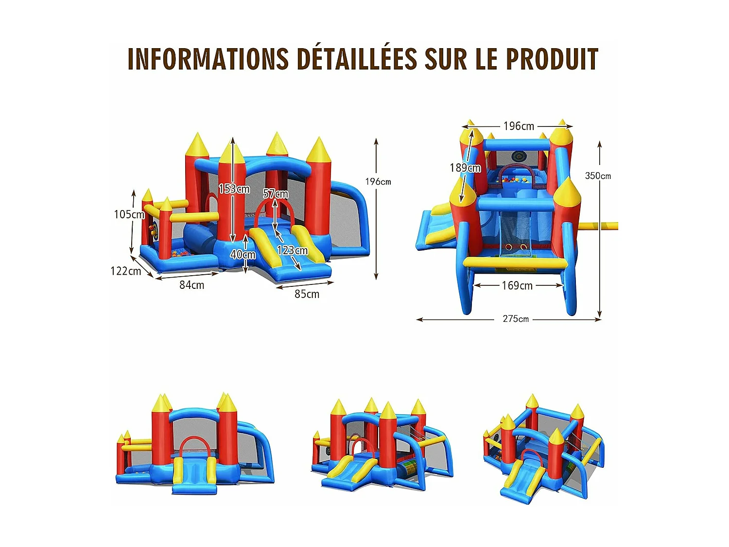 Château Gonflable pour Enfants avec Souffleur 450W Toboggan 60 Boules Colorées,Jeux de Fléchettes But de Football Sac