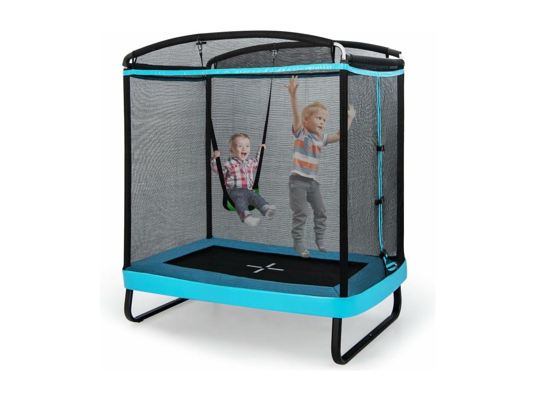 2 en 1 Trampoline Extérieur Enfants Rectangulair (190x122cm) avec Balançoire Amovible, Trampoline de Jardin avec Filet de Sécurité, Charge Max 100kg pour Garçon et Fille de 3 Ans+ (Bleu)