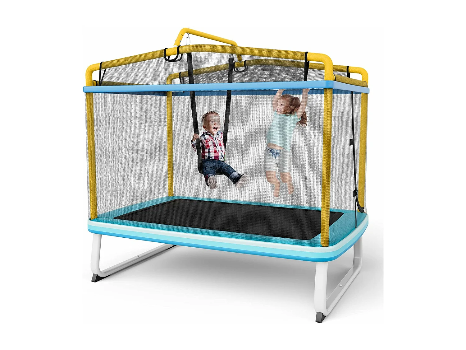 3 en 1 Trampoline Extérieur Enfants Rectangulair (190x124cm) avec Balançoire & Barre Horizontale, Trampoline de Jardin avec Filet de Sécurité, Charge Max 110kg, Jaune