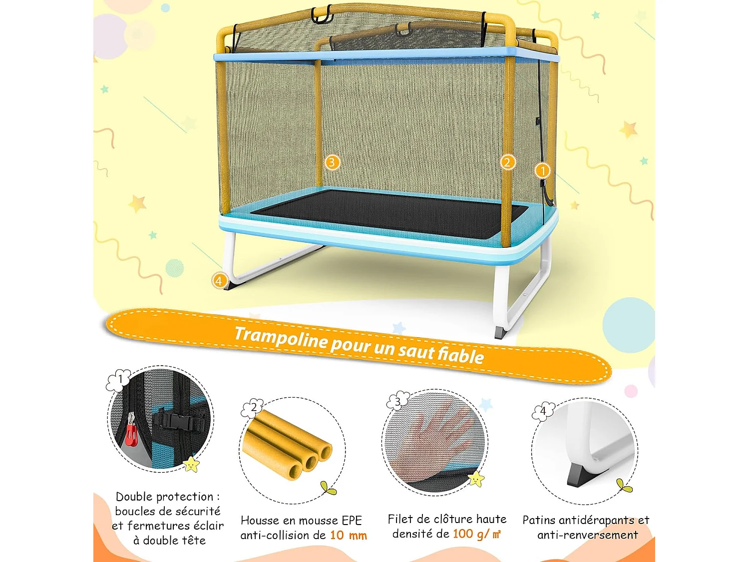 3 en 1 Trampoline Extérieur Enfants Rectangulair (190x124cm) avec Balançoire & Barre Horizontale, Trampoline de Jardin avec Filet de Sécurité, Charge Max 110kg, Jaune