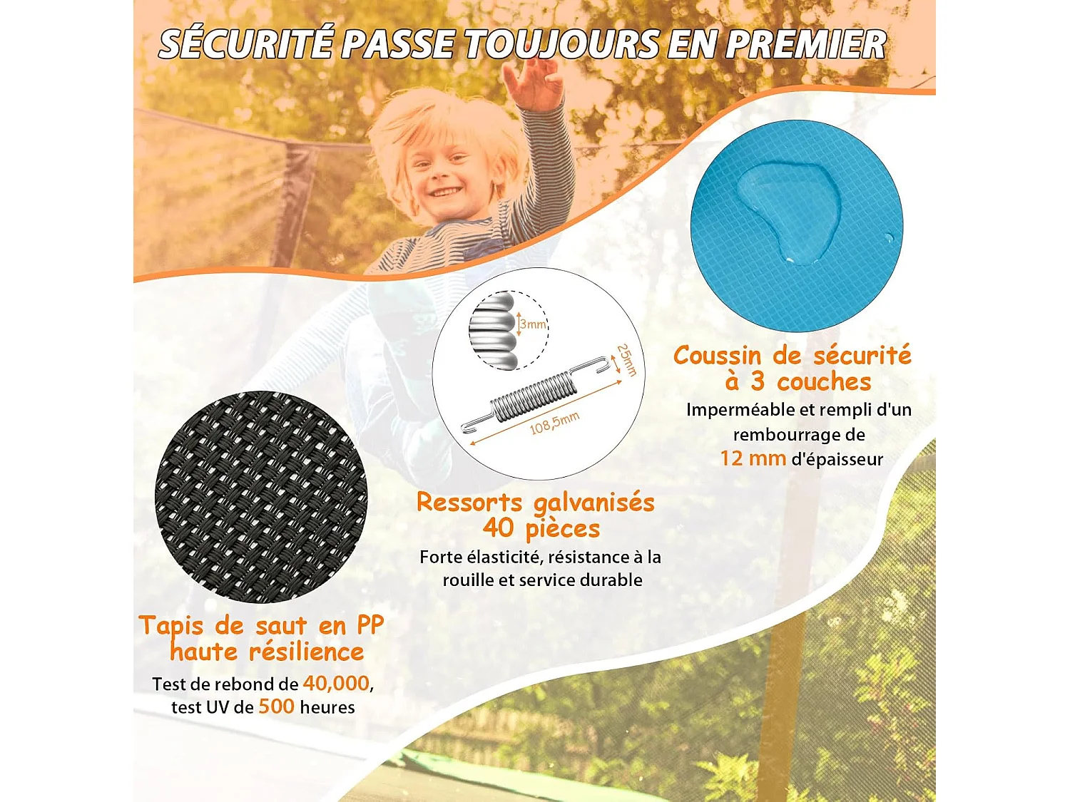 3 en 1 Trampoline Extérieur Enfants Rectangulair (190x124cm) avec Balançoire & Barre Horizontale, Trampoline de Jardin avec Filet de Sécurité, Charge Max 110kg, Jaune