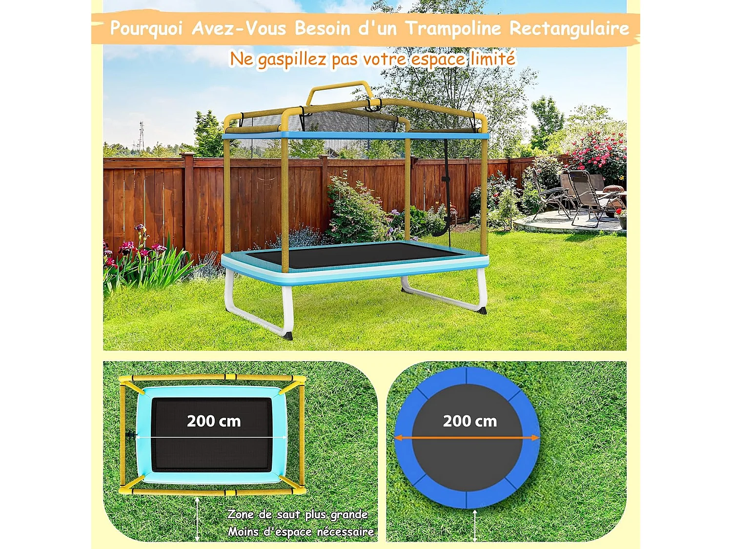3 en 1 Trampoline Extérieur Enfants Rectangulair (190x124cm) avec Balançoire & Barre Horizontale, Trampoline de Jardin avec Filet de Sécurité, Charge Max 110kg, Jaune