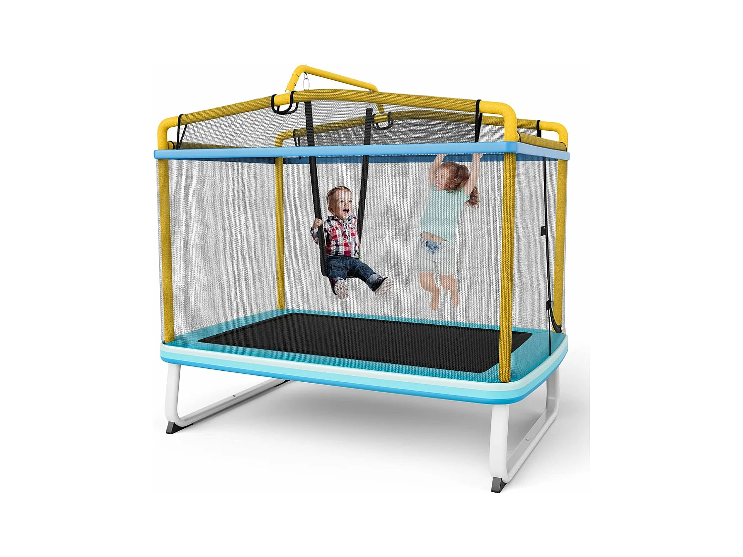 3 en 1 Trampoline Extérieur Enfants Rectangulair (190x124cm) avec Balançoire & Barre Horizontale, Trampoline de Jardin avec Filet de Sécurité, Charge Max 110kg, Jaune