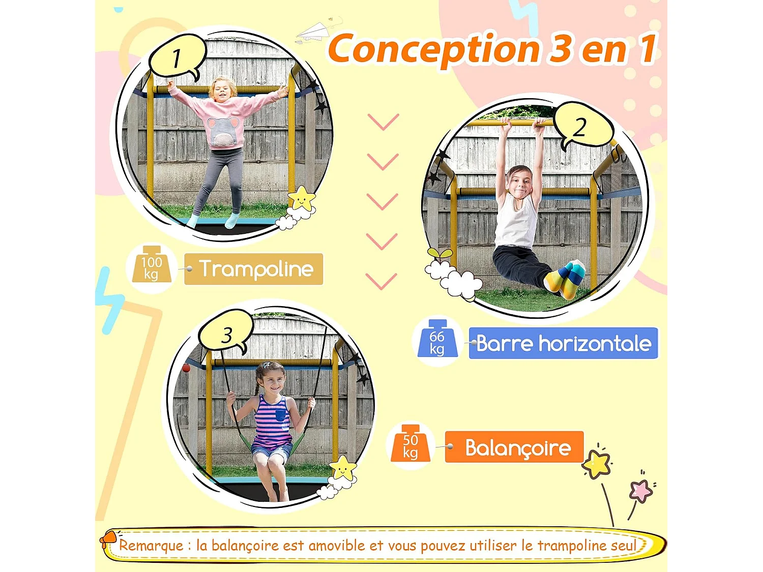 3 en 1 Trampoline Extérieur Enfants Rectangulair (190x124cm) avec Balançoire & Barre Horizontale, Trampoline de Jardin avec Filet de Sécurité, Charge Max 110kg, Jaune