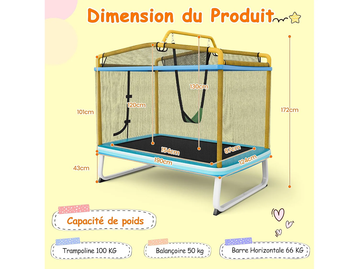 3 en 1 Trampoline Extérieur Enfants Rectangulair (190x124cm) avec Balançoire & Barre Horizontale, Trampoline de Jardin avec Filet de Sécurité, Charge Max 110kg, Jaune