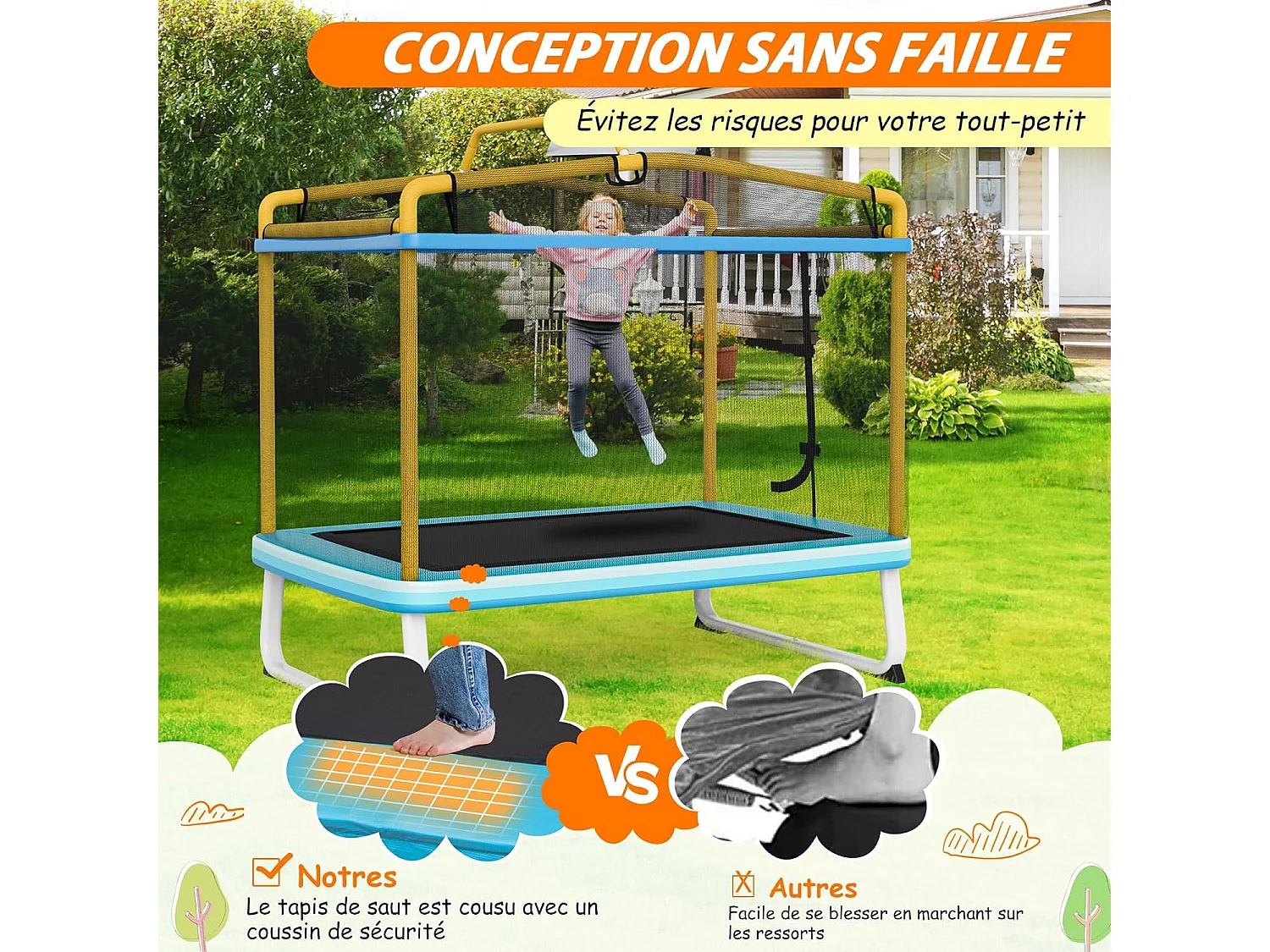 3 en 1 Trampoline Extérieur Enfants Rectangulair (190x124cm) avec Balançoire & Barre Horizontale, Trampoline de Jardin avec Filet de Sécurité, Charge Max 110kg, Jaune