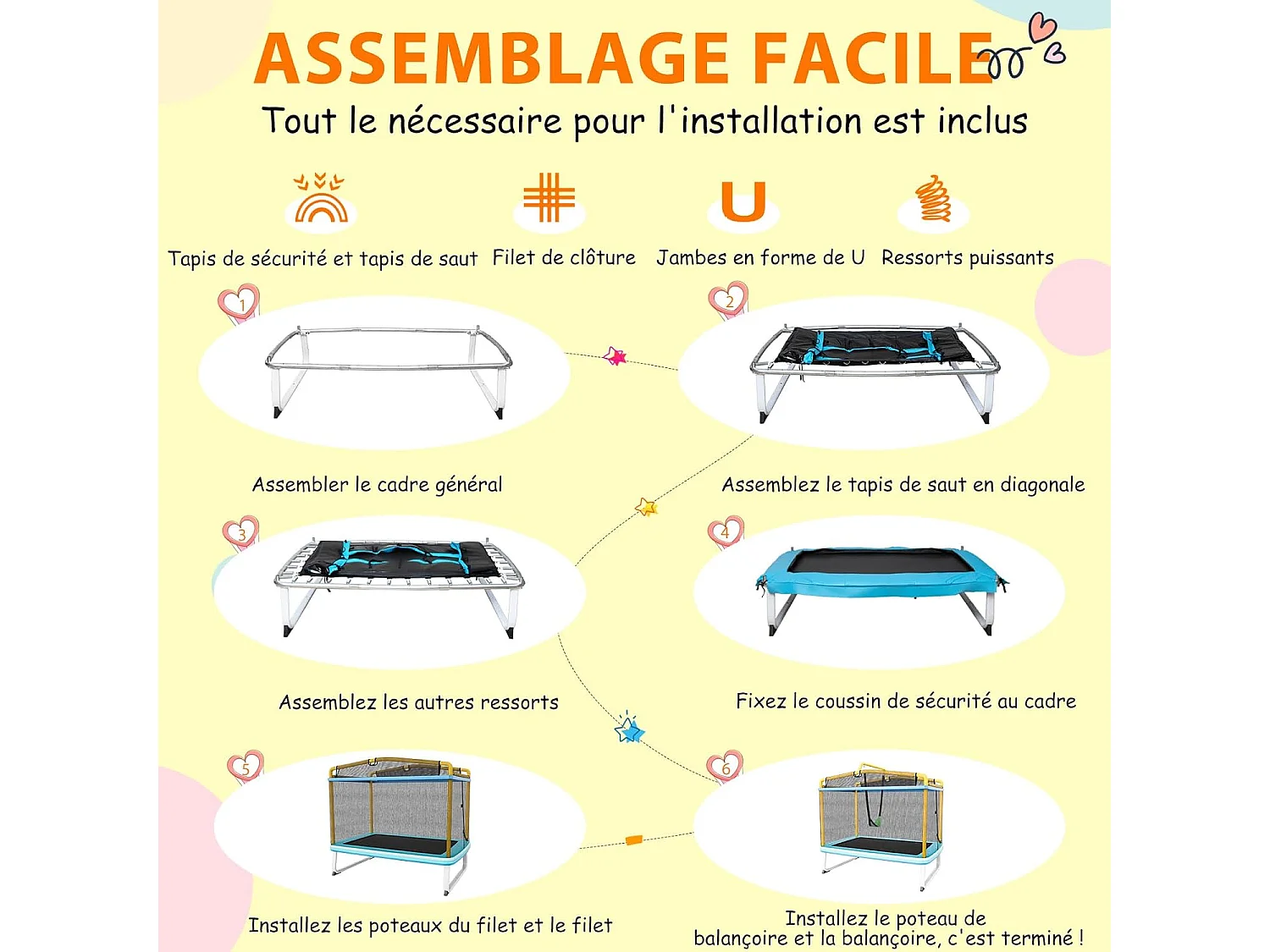 3 en 1 Trampoline Extérieur Enfants Rectangulair (190x124cm) avec Balançoire & Barre Horizontale, Trampoline de Jardin avec Filet de Sécurité, Charge Max 110kg, Jaune