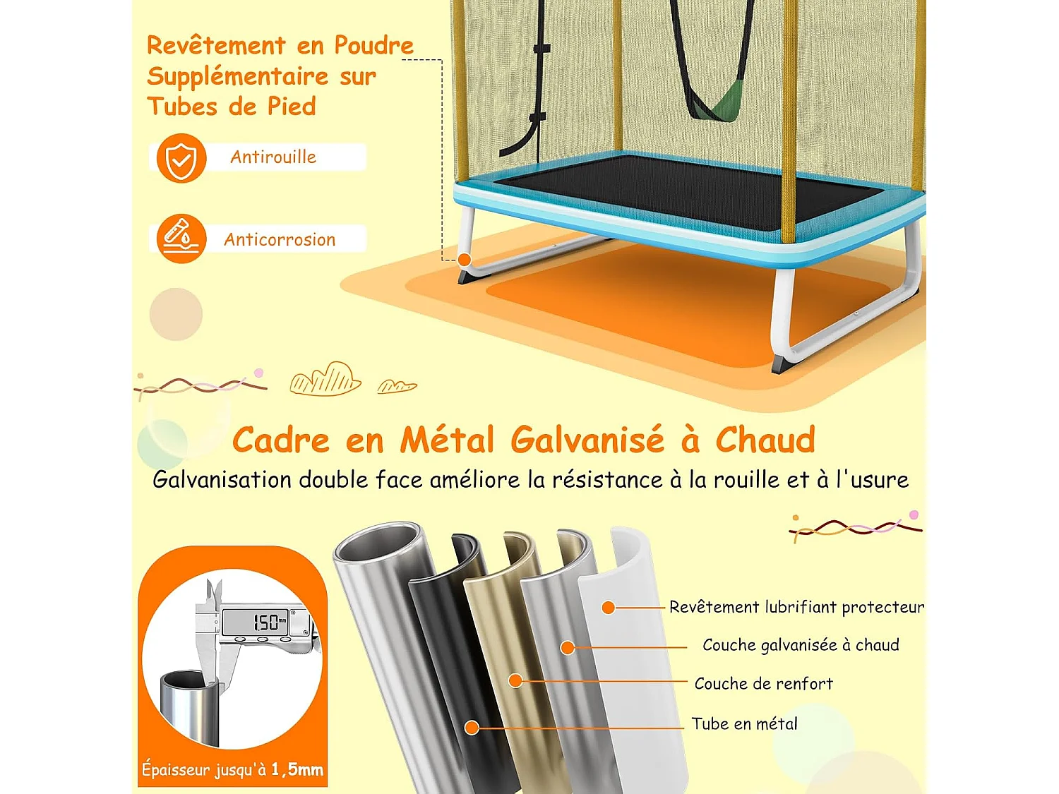 3 en 1 Trampoline Extérieur Enfants Rectangulair (190x124cm) avec Balançoire & Barre Horizontale, Trampoline de Jardin avec Filet de Sécurité, Charge Max 110kg, Jaune