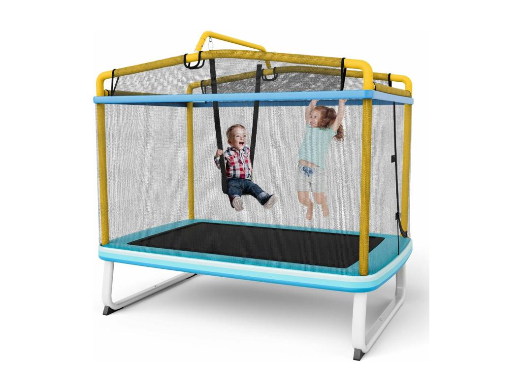 3 en 1 Trampoline Extérieur Enfants Rectangulair (190x124cm) avec Balançoire & Barre Horizontale, Trampoline de Jardin avec Filet de Sécurité, Charge Max 110kg, Jaune