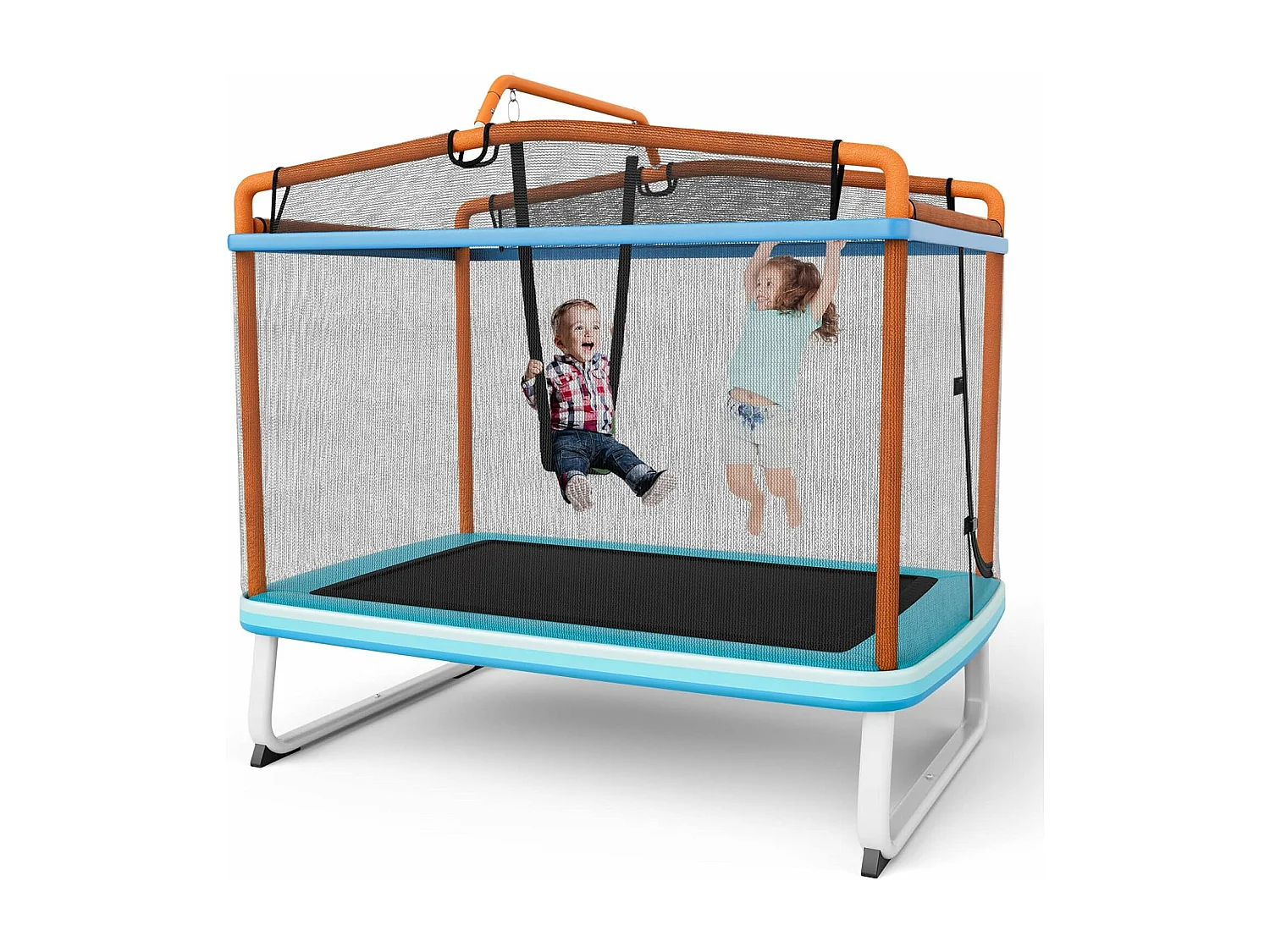 3 en 1 Trampoline Extérieur Enfants Rectangulaire (190x124cm) avec Balançoire & Barre Horizontale, Trampoline de Jardin avec Filet de Sécurité, Charge Max 110kg pour Garçon et Fille