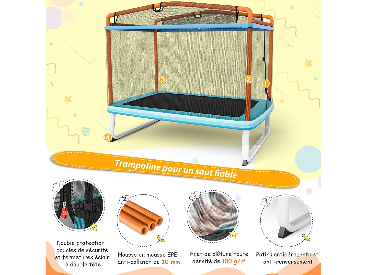 3 en 1 Trampoline Extérieur Enfants Rectangulaire (190x124cm) avec Balançoire & Barre Horizontale, Trampoline de Jardin avec Filet de Sécurité, Charge Max 110kg pour Garçon et Fille