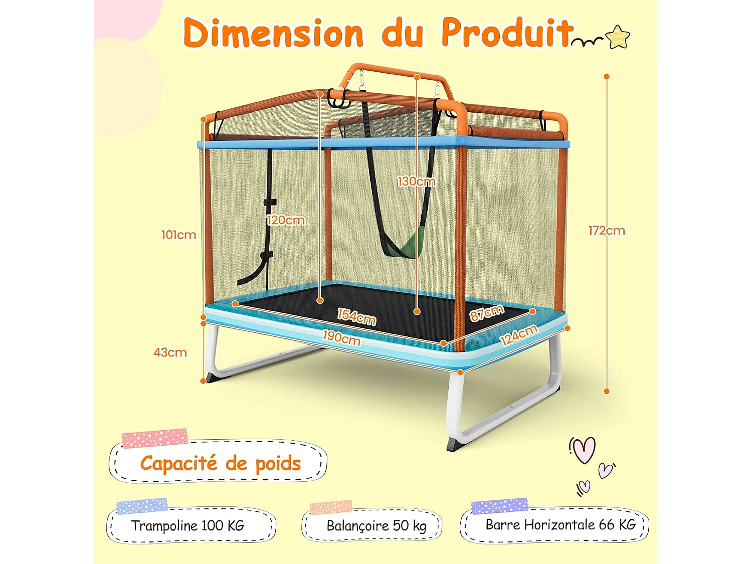 3 en 1 Trampoline Extérieur Enfants Rectangulaire (190x124cm) avec Balançoire & Barre Horizontale, Trampoline de Jardin avec Filet de Sécurité, Charge Max 110kg pour Garçon et Fille