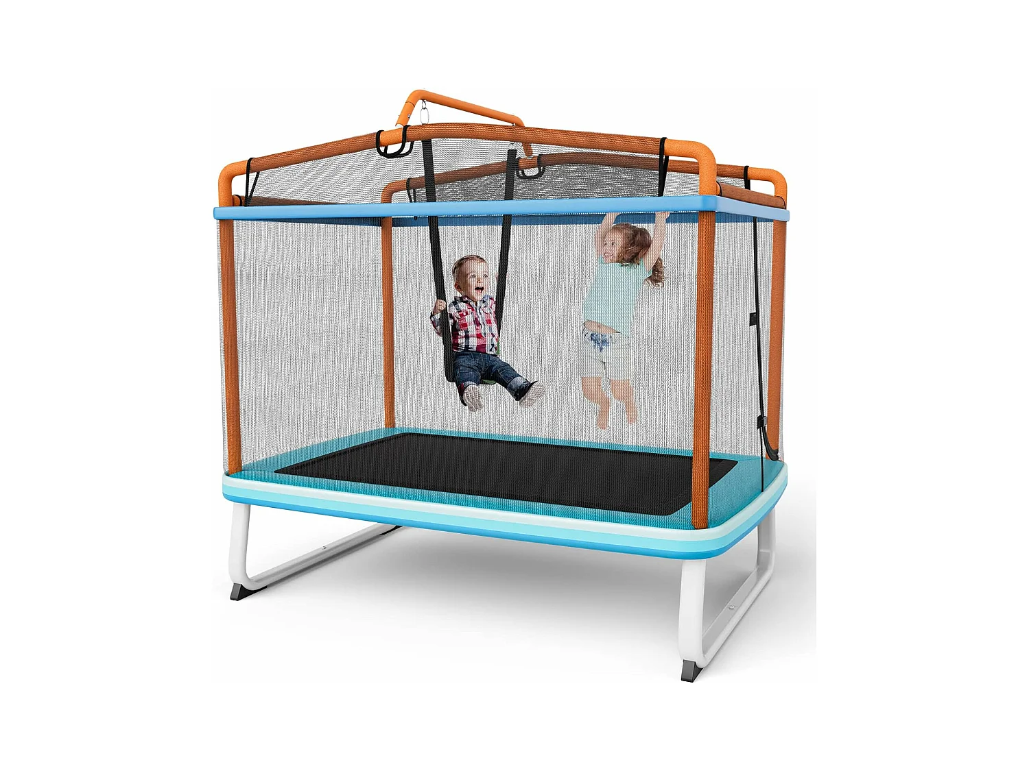 3 en 1 Trampoline Extérieur Enfants Rectangulaire (190x124cm) avec Balançoire & Barre Horizontale, Trampoline de Jardin avec Filet de Sécurité, Charge Max 110kg pour Garçon et Fille