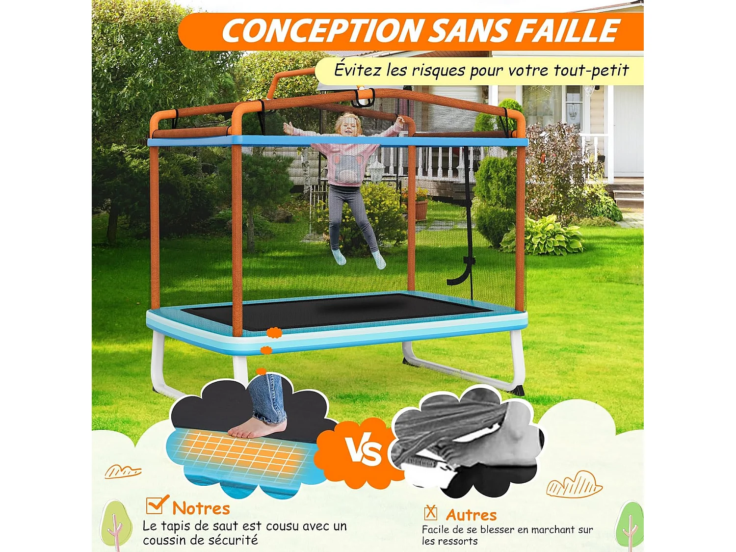 3 en 1 Trampoline Extérieur Enfants Rectangulaire (190x124cm) avec Balançoire & Barre Horizontale, Trampoline de Jardin avec Filet de Sécurité, Charge Max 110kg pour Garçon et Fille