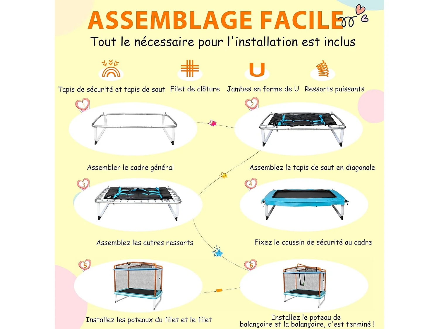 3 en 1 Trampoline Extérieur Enfants Rectangulaire (190x124cm) avec Balançoire & Barre Horizontale, Trampoline de Jardin avec Filet de Sécurité, Charge Max 110kg pour Garçon et Fille