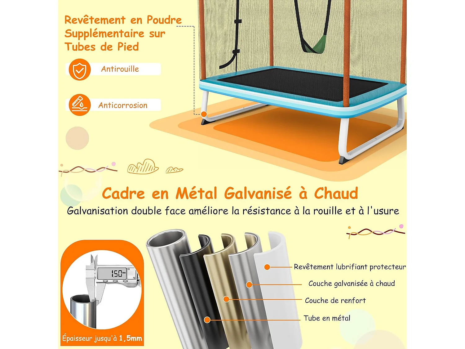 3 en 1 Trampoline Extérieur Enfants Rectangulaire (190x124cm) avec Balançoire & Barre Horizontale, Trampoline de Jardin avec Filet de Sécurité, Charge Max 110kg pour Garçon et Fille