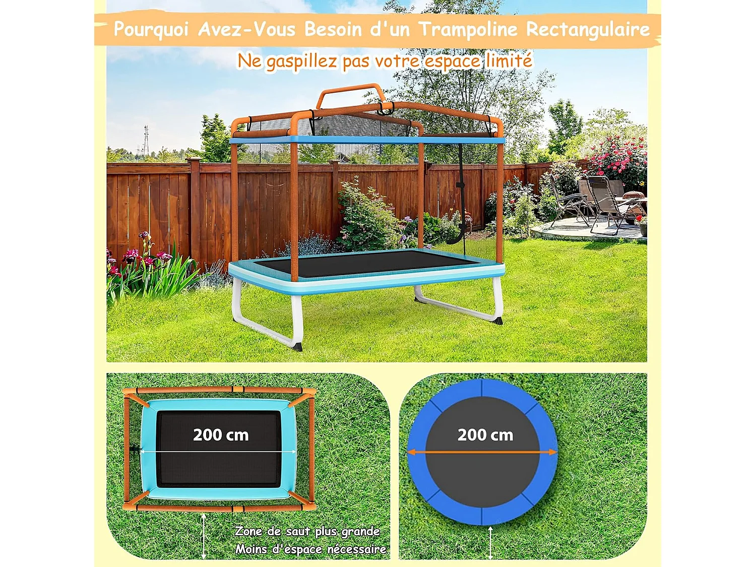 3 en 1 Trampoline Extérieur Enfants Rectangulaire (190x124cm) avec Balançoire & Barre Horizontale, Trampoline de Jardin avec Filet de Sécurité, Charge Max 110kg pour Garçon et Fille