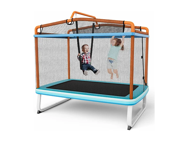 3 en 1 Trampoline Extérieur Enfants Rectangulaire (190x124cm) avec Balançoire & Barre Horizontale, Trampoline de Jardin avec Filet de Sécurité, Charge Max 110kg pour Garçon et Fille