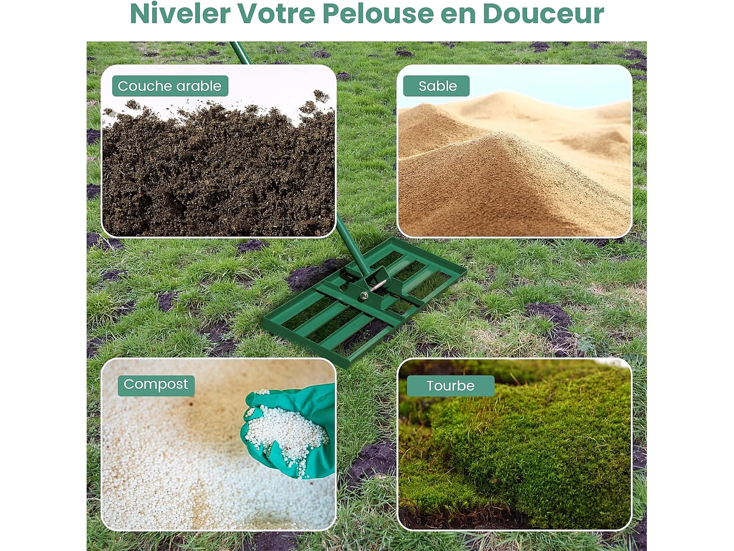 Râteau de Nivellement de Pelouse 75 x 25 cm, Râteau de Jardin en Métal avec Poignée Ergonomique, Outil de Niveau de Pelouse pour Jardin CourTerrain de Golf Ferme