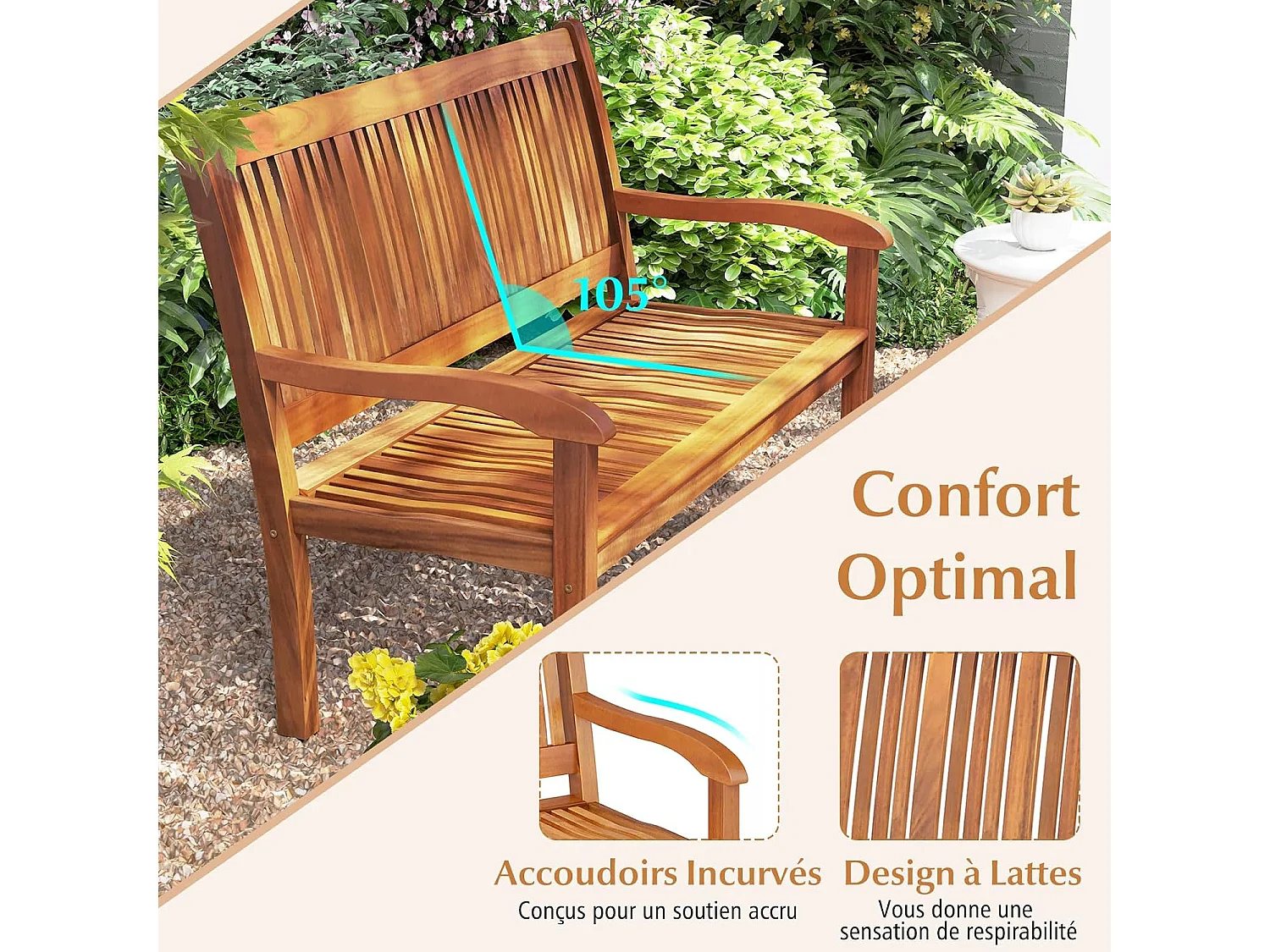 Tuinbank, Acaciahout, 126 x 63 x 91 cm, Belasting 360KG, Schuine rugleuning, Gebogen armleuning, Buitentuinbank voor Tessarre Porch Courtyard