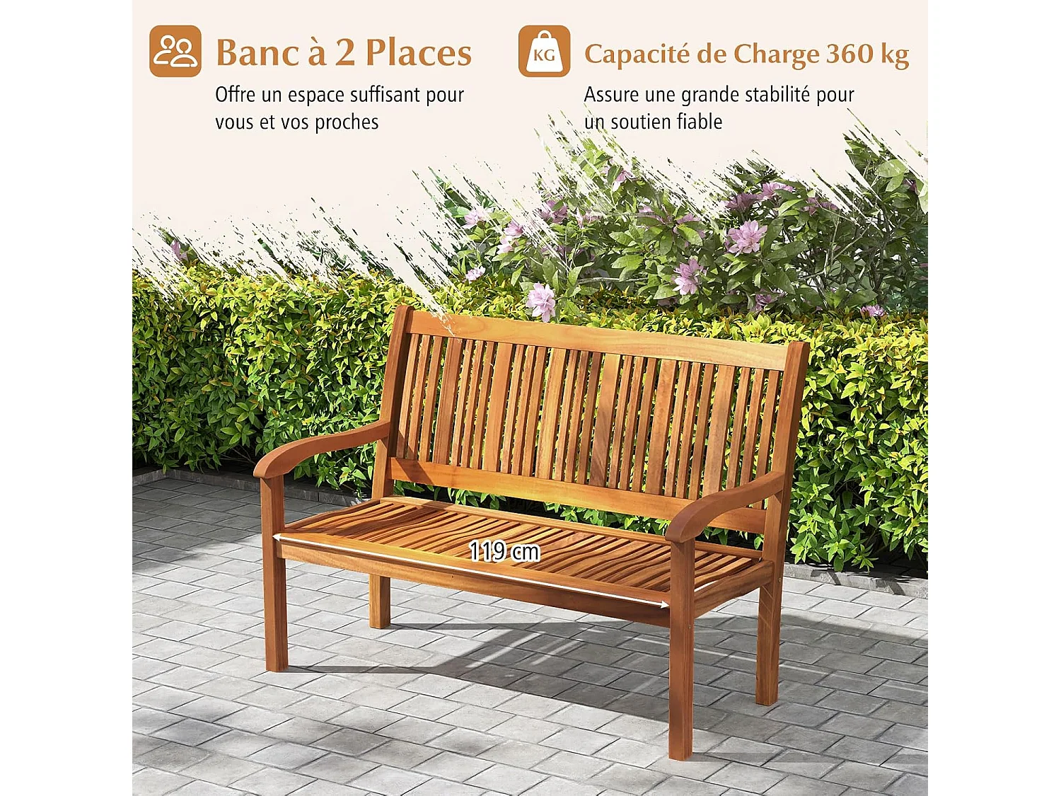 Tuinbank, Acaciahout, 126 x 63 x 91 cm, Belasting 360KG, Schuine rugleuning, Gebogen armleuning, Buitentuinbank voor Tessarre Porch Courtyard