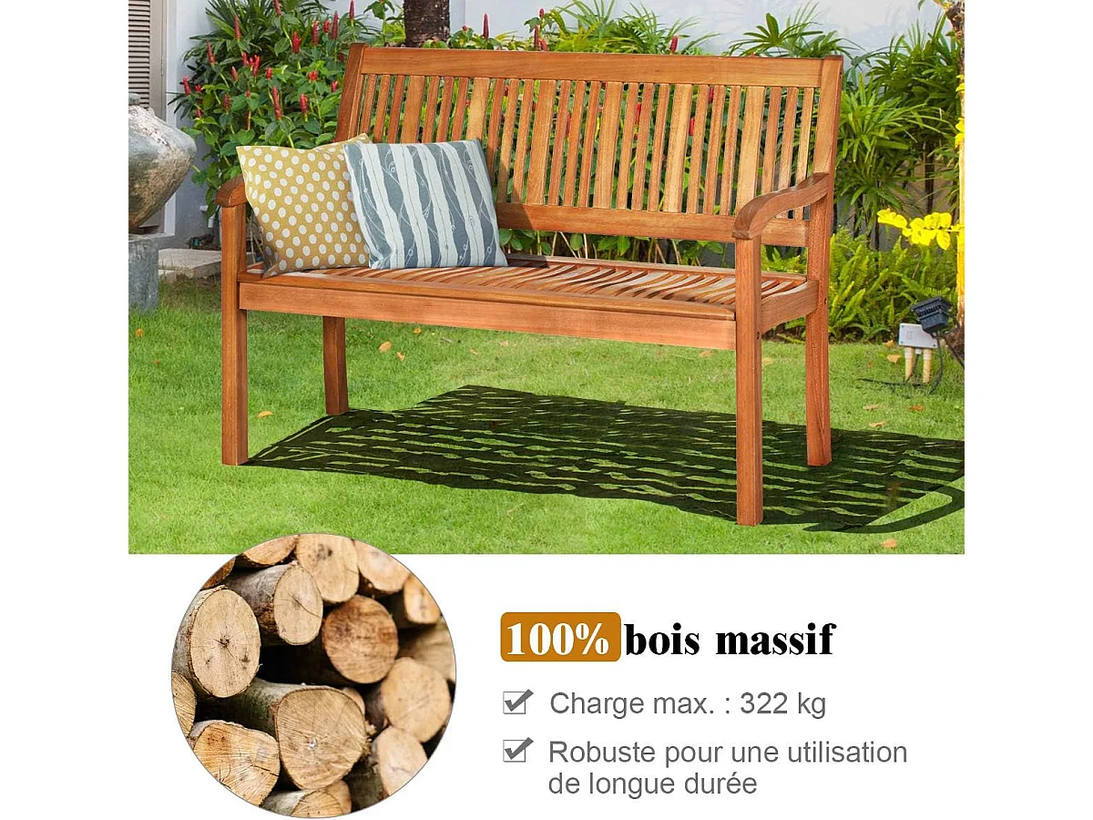 Banc de Jardin, Bois d’Acacia, 126 x 63 x 91 cm, Charge 360KG, Dossier Incliné, Accoudoir Incurvé, Banc Exterieur Jardin pour Tessarre Porche Cour