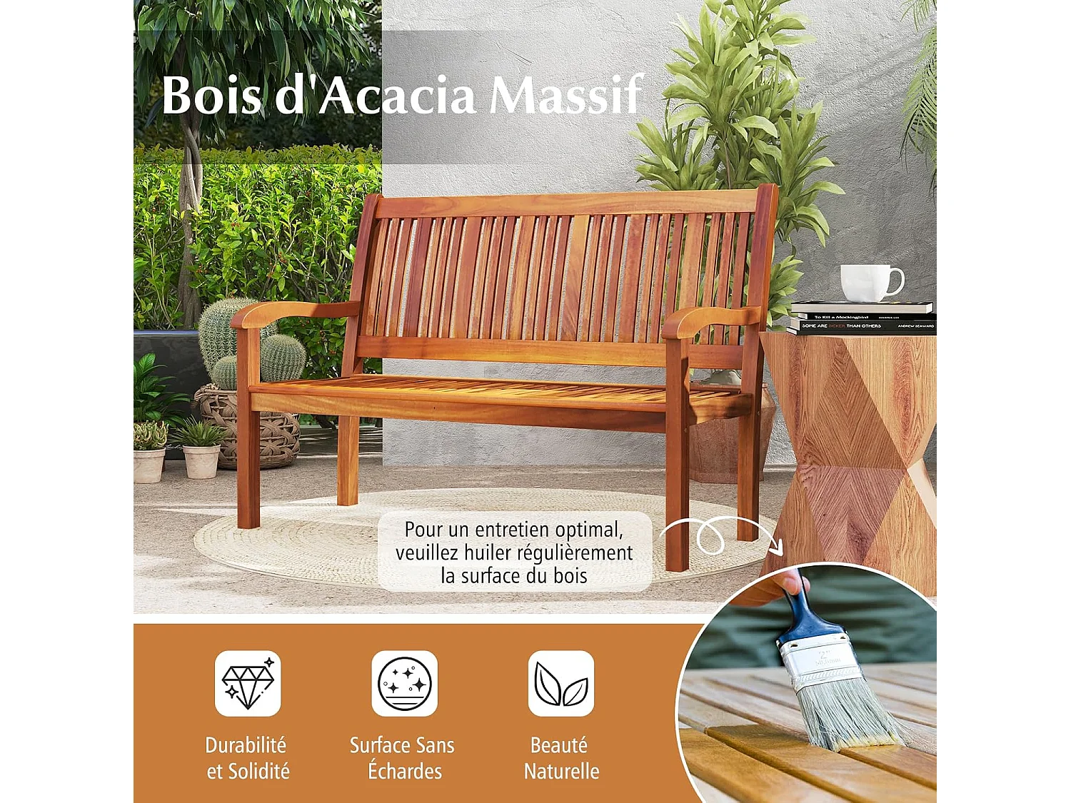 Banc de Jardin, Bois d’Acacia, 126 x 63 x 91 cm, Charge 360KG, Dossier Incliné, Accoudoir Incurvé, Banc Exterieur Jardin pour Tessarre Porche Cour