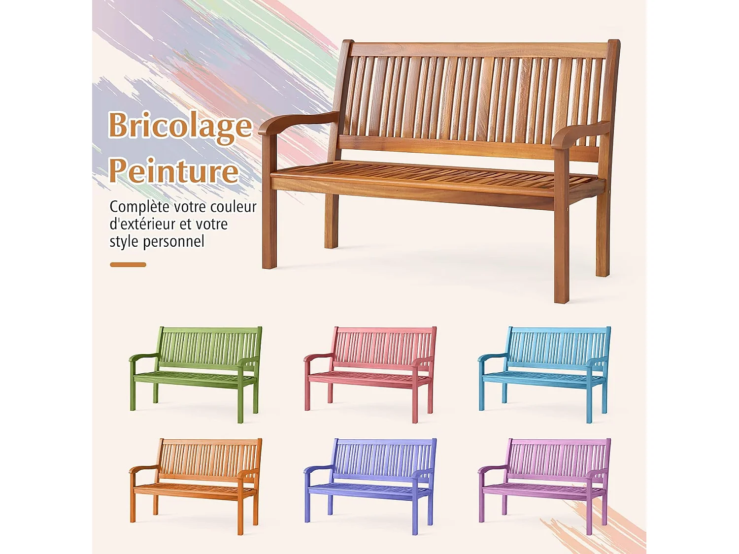 Banc de Jardin, Bois d’Acacia, 126 x 63 x 91 cm, Charge 360KG, Dossier Incliné, Accoudoir Incurvé, Banc Exterieur Jardin pour Tessarre Porche Cour