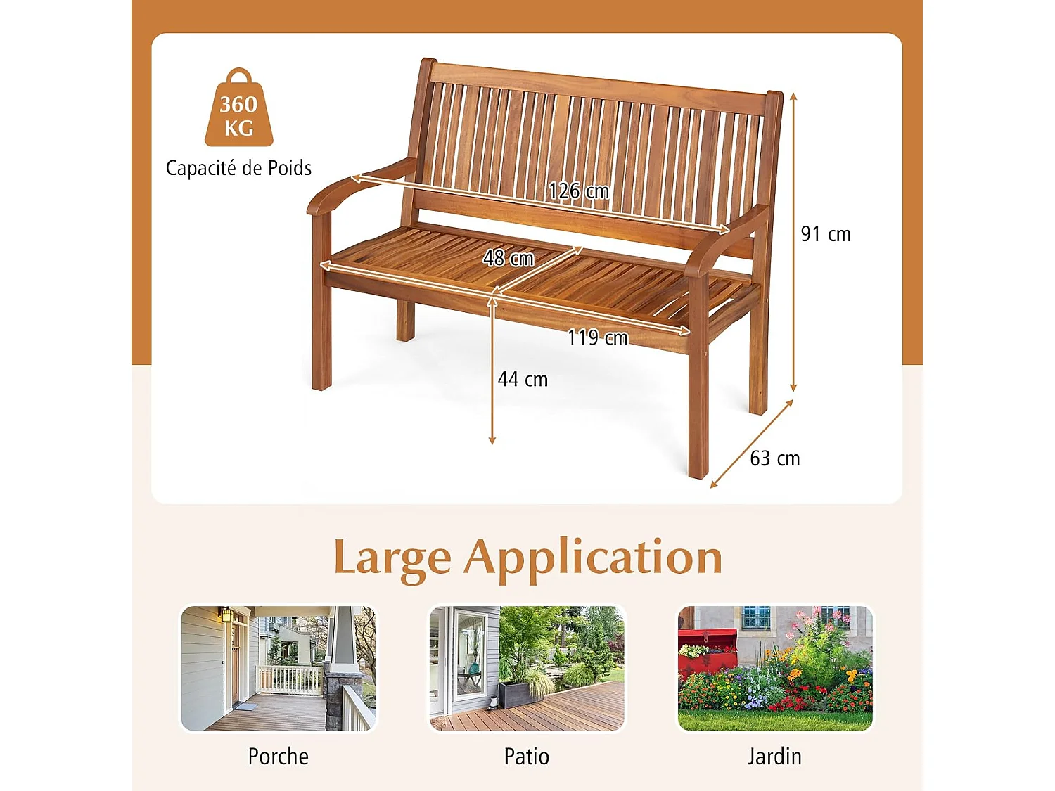 Banc de Jardin, Bois d’Acacia, 126 x 63 x 91 cm, Charge 360KG, Dossier Incliné, Accoudoir Incurvé, Banc Exterieur Jardin pour Tessarre Porche Cour