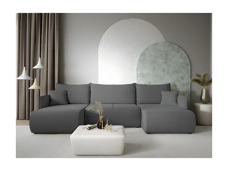 Canapé d'angle panoramique FORIA en U en tissu hydrophobe gris