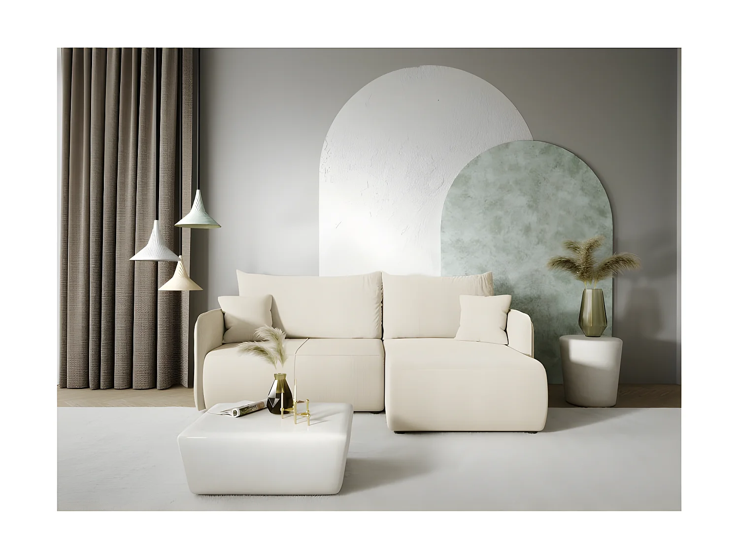 Canapé d'angle convertible FORIA en L en tissu hydrophobe beige